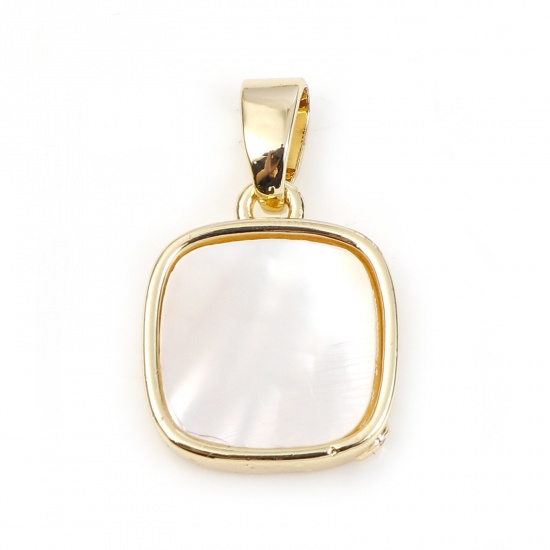 Picture of 1 Piece Shell & Brass Geometric Charm Pendant Gold Plated White Square 17mm x 11mm