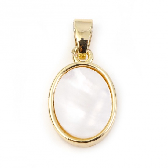 Picture of 1 Piece Shell & Brass Geometric Charm Pendant Gold Plated White Oval 19mm x 10mm