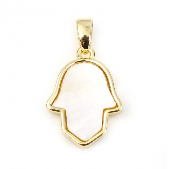 Picture of 1 Piece Shell & Brass Geometric Charm Pendant Gold Plated White Hamsa Symbol Hand 21mm x 12mm