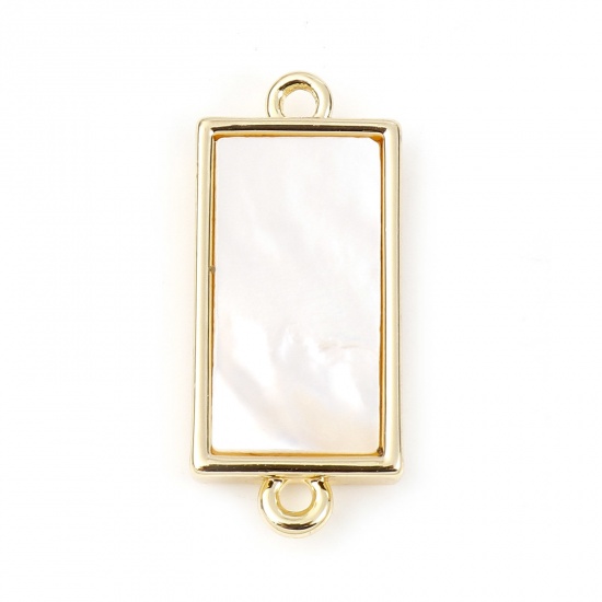 Picture of 1 Piece Shell & Brass Geometric Connectors Charms Pendants Gold Plated White Rectangle 21mm x 9mm