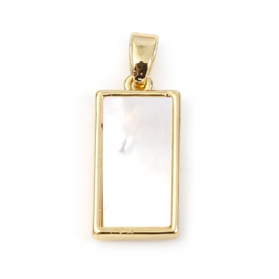 Picture of 1 Piece Shell & Brass Geometric Charm Pendant Gold Plated White Rectangle 23mm x 9mm