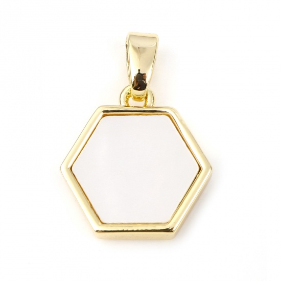 Picture of 1 Piece Shell & Brass Geometric Charm Pendant Gold Plated White Hexagon 18mm x 13mm