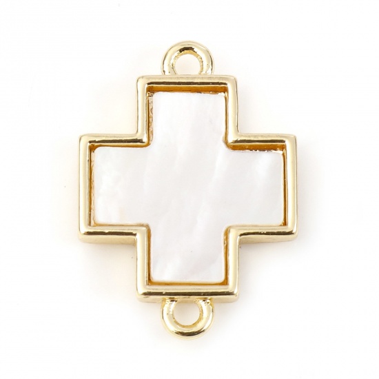 Picture of 1 Piece Shell & Brass Geometric Connectors Charms Pendants Gold Plated White Cross 18mm x 13mm