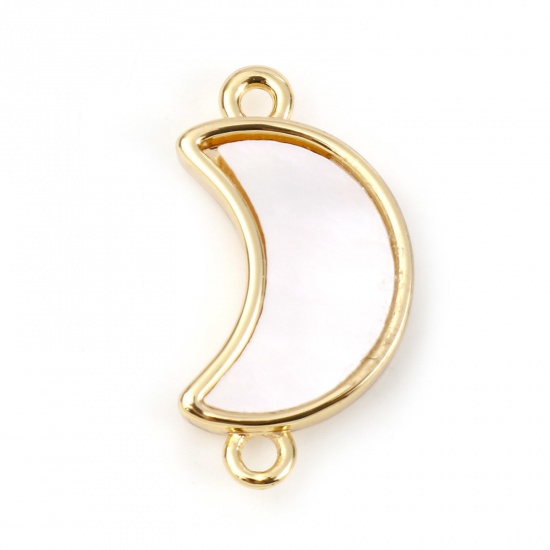 Picture of 1 Piece Shell & Brass Geometric Connectors Charms Pendants Gold Plated White Half Moon 18mm x 10mm