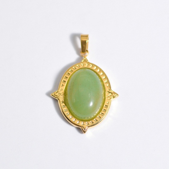 Picture of Stainless Steel & Gemstone Ins Style Charms Gold Plated Light Green Oval 25mm x 10mm, 1 Piece