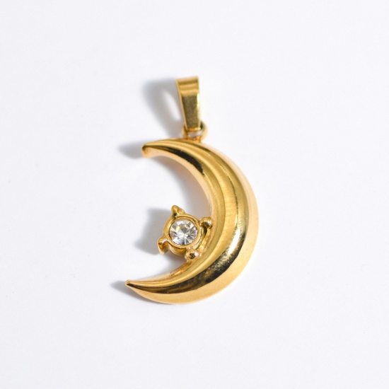 Picture of Stainless Steel Ins Style Charms Gold Plated Half Moon Clear Rhinestone 25mm x 10mm, 1 Piece