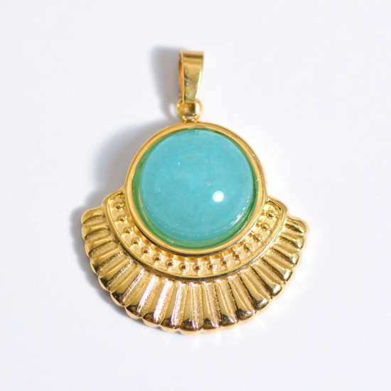 Picture of Stainless Steel & Gemstone Ins Style Charms Gold Plated Light Blue Fan-shaped 25mm x 25mm, 1 Piece