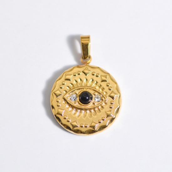 Picture of 1 Piece Stainless Steel Ins Style Charm Pendant Gold Plated Blue Round Eye 25mm x 25mm