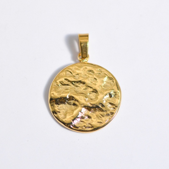 Picture of 1 Piece Stainless Steel Hammered Charm Pendant Gold Plated Round 25mm x 25mm