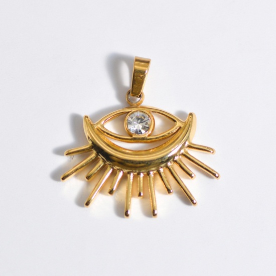 Picture of 1 Piece Stainless Steel Ins Style Charm Pendant Gold Plated Eye Clear Rhinestone 28mm x 21mm