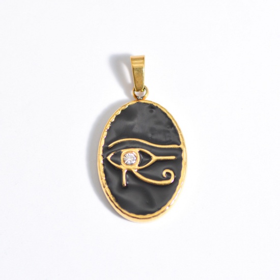 Picture of 1 Piece Stainless Steel Religious Charm Pendant Gold Plated Black Oval The Eye Of Horus Enamel Clear Rhinestone 28mm x 10mm
