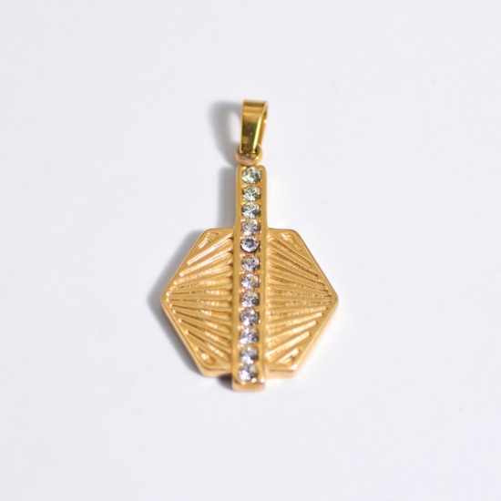Picture of 1 Piece Stainless Steel Ins Style Charm Pendant Gold Plated Polygon Clear Rhinestone 28mm x 15mm