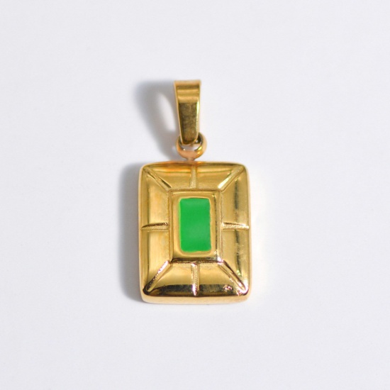 Picture of 1 Piece Stainless Steel Ins Style Charm Pendant Gold Plated Green Rectangle Enamel 25mm x 15mm