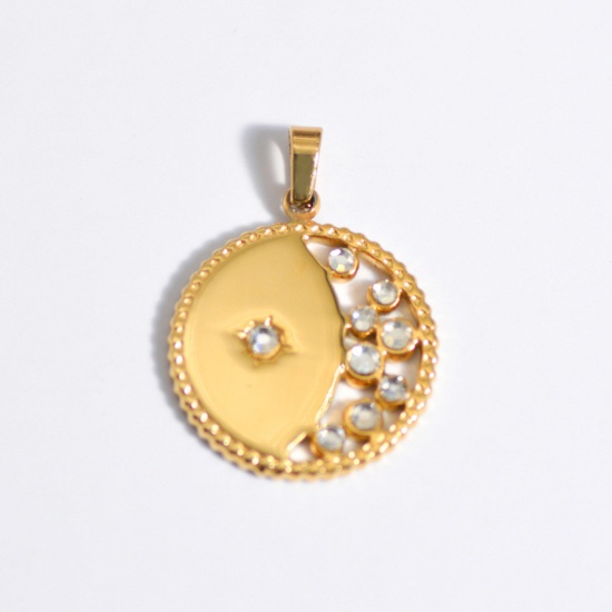 Picture of 1 Piece Stainless Steel Ins Style Charm Pendant Gold Plated Round Moon Clear Rhinestone 25mm x 25mm