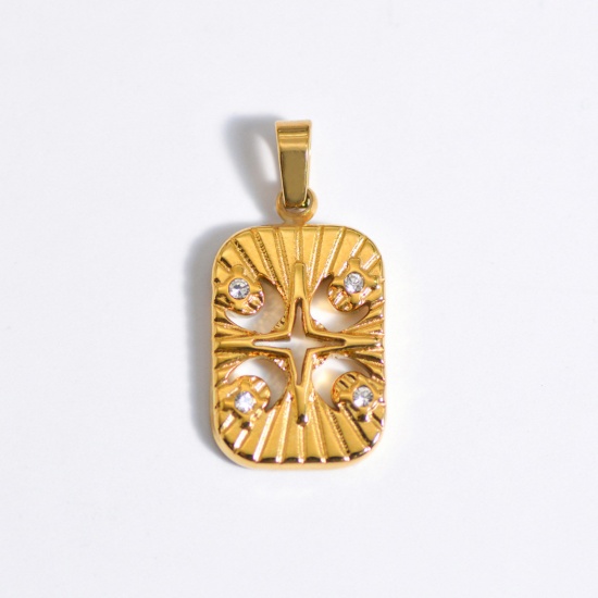 Picture of 1 Piece Stainless Steel Ins Style Charm Pendant Gold Plated Rectangle Star Clear Rhinestone 25mm x 15mm