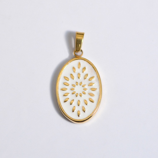 Picture of 1 Piece Stainless Steel Ins Style Charm Pendant Gold Plated White Oval Flower Enamel 25mm x 25mm