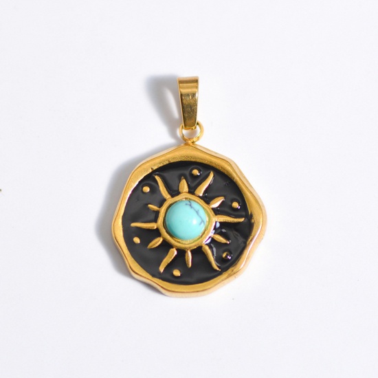 Picture of 1 Piece Stainless Steel Galaxy Charm Pendant Gold Plated Black Round Sun Enamel 25mm x 25mm