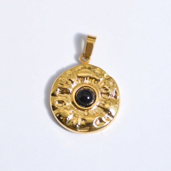 Picture of 1 Piece Stainless Steel Ins Style Charm Pendant Gold Plated Black Round 25mm x 25mm