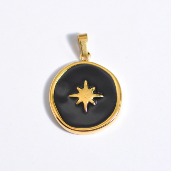 Picture of 1 Piece Stainless Steel Ins Style Charm Pendant Gold Plated Black Round Eight Pointed Star Enamel 25mm x 25mm