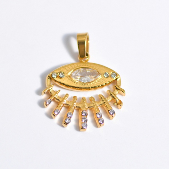 Picture of 1 Piece Stainless Steel Ins Style Charm Pendant Gold Plated Eye Clear Rhinestone 25mm x 15mm