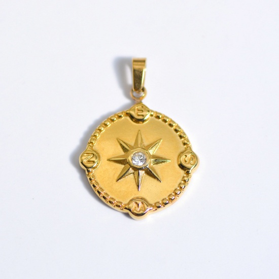 Picture of 1 Piece Stainless Steel Ins Style Charm Pendant Gold Plated Round Eight Pointed Star Clear Rhinestone 25mm x 25mm