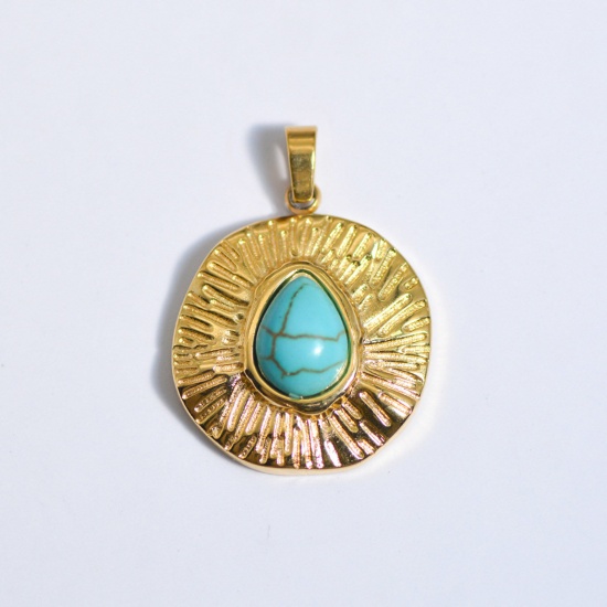 Picture of 1 Piece Stainless Steel Ins Style Charm Pendant Gold Plated Blue Round Stripe Imitation Turquoise 25mm x 25mm
