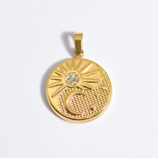 Picture of 1 Piece Stainless Steel Ins Style Charm Pendant Gold Plated Round Sun Clear Rhinestone 28mm x 21mm