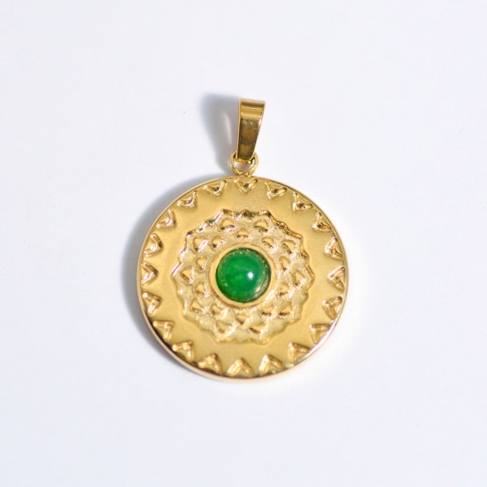 Picture of Stainless Steel & Gemstone Ins Style Charms Gold Plated Green Round Carved Pattern 28mm x 24mm, 1 Piece
