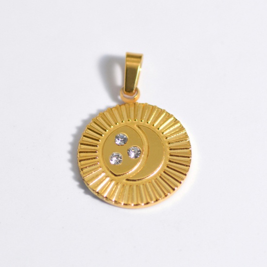 Picture of 1 Piece Stainless Steel Ins Style Charm Pendant Gold Plated Round Sun Clear Rhinestone 25mm x 25mm