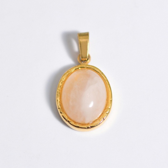 Picture of 1 Piece Stainless Steel & Gemstone Ins Style Charm Pendant Gold Plated Light Pink Oval 25mm x 25mm