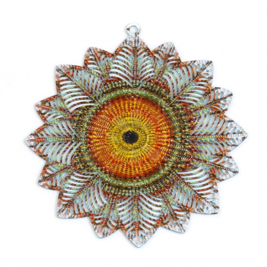 Image de Pendentifs Estampe en Filigrane en Alliage de Fer Fleur Multicolore Laqué 4.7cm x 4.4cm, 5 Pcs