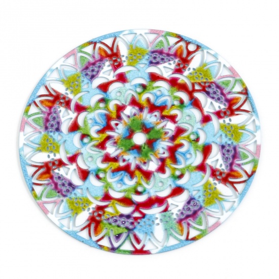 Image de Pendentifs Estampe en Filigrane en Alliage de Fer Rond Multicolore Laqué 4.7cm x 4.7cm, 5 Pcs