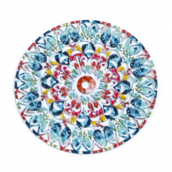 Image de Pendentifs Estampe en Filigrane en Alliage de Fer Rond Multicolore Laqué 4.7cm x 4.7cm, 5 Pcs