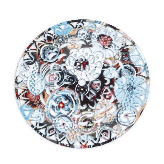 Image de Pendentifs Estampe en Filigrane en Alliage de Fer Rond Multicolore Fleurs Creuses Laqué 4.7cm x 4.7cm, 5 Pcs