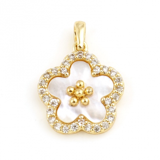 Picture of Shell & Brass Charms Flower Real Gold Plated Clear Cubic Zirconia 17mm x 12mm, 1 Piece                                                                                                                                                                        