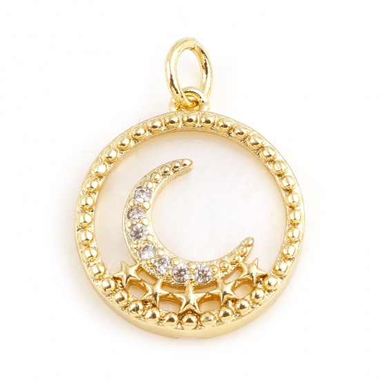 Picture of Shell & Brass Galaxy Charms Round Real Gold Plated Moon Clear Cubic Zirconia 21mm x 16mm, 1 Piece                                                                                                                                                             