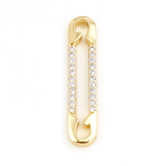 Picture of Brass Clothes Connectors Real Gold Plated Pin Clear Cubic Zirconia 26mm x 6mm, 1 Piece