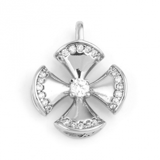 Image de Breloques en Laiton Quadrilatère Plaqué Platine Véritable Croix à Zircone Cubique Clair 15mm x 13mm, 1 Pièce