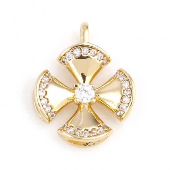 Image de Breloques en Laiton Quadrilatère Plaqué Or Véritable Croix à Zircone Cubique Clair 15mm x 13mm, 1 Pièce