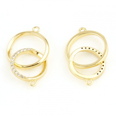 Connecteurs en Laiton Plaqué Or Véritable Double Cercle à Zircone Cubique Clair 21mm x 13mm, 1 Pièce