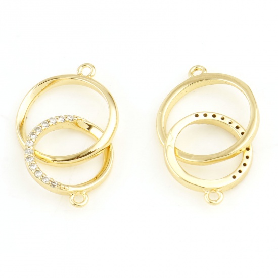 Picture of Brass Connectors Real Gold Plated Double Rings Clear Cubic Zirconia 21mm x 13mm, 1 Piece