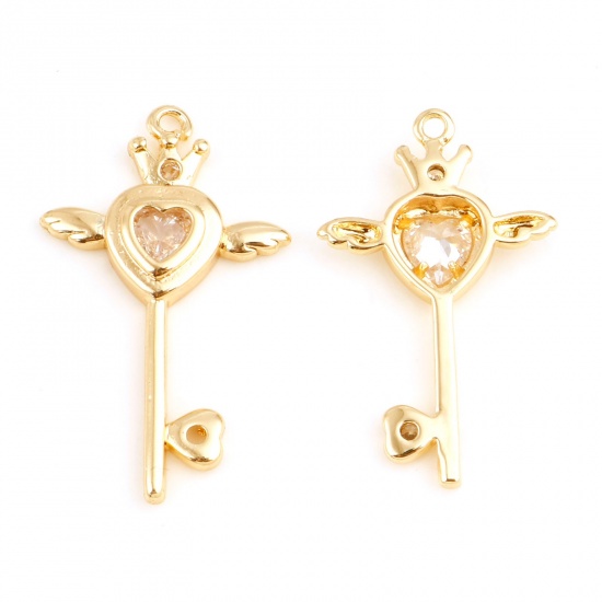 Immagine di Ottone Ciondoli Chiave Vero Oro Placcato Ali Trasparente Cubic Zirconiae 3.1cm x 1.9cm, 1 Pz