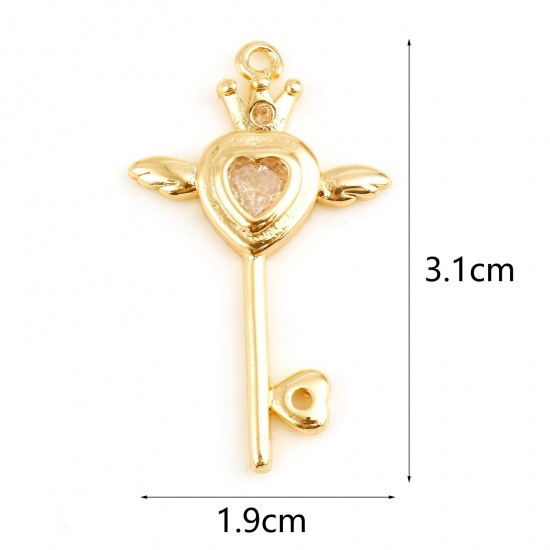 Immagine di Ottone Ciondoli Chiave Vero Oro Placcato Ali Trasparente Cubic Zirconiae 3.1cm x 1.9cm, 1 Pz