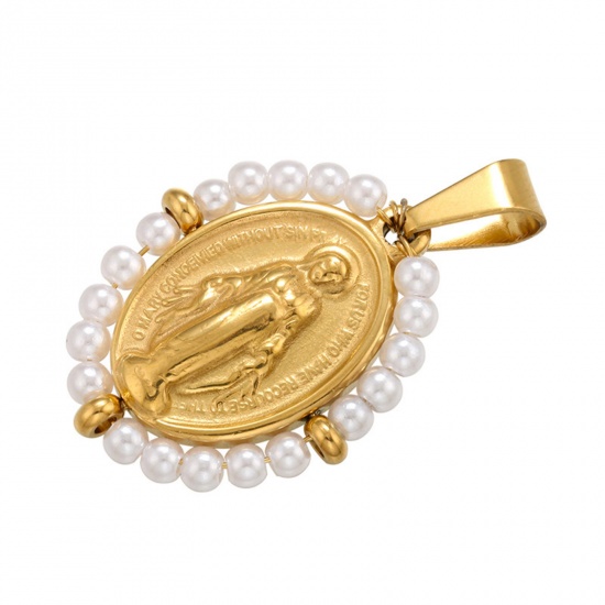 Immagine di Acciaio Inossidabile & Perla Religione Ciondoli Ovale Oro Placcato Bianco Vergine Maria 38mm x 24mm, 1 Pz