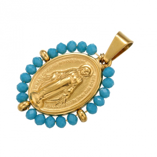 Immagine di Acciaio Inossidabile + Vetro Religione Ciondoli Ovale Oro Placcato Blu Vergine Maria 38mm x 24mm, 1 Pz