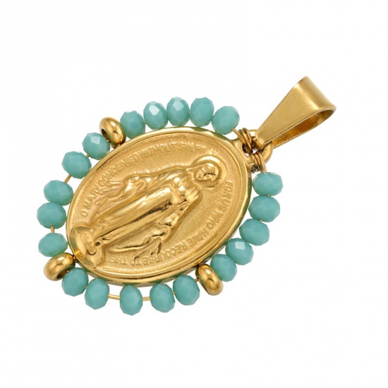 Immagine di Acciaio Inossidabile + Vetro Religione Ciondoli Ovale Oro Placcato Verde Vergine Maria 38mm x 24mm, 1 Pz
