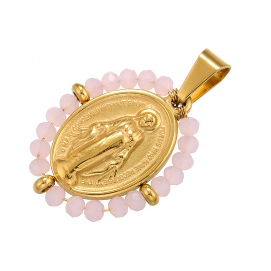 Immagine di Acciaio Inossidabile + Vetro Religione Ciondoli Ovale Oro Placcato Rosa Chiaro Vergine Maria 38mm x 24mm, 1 Pz