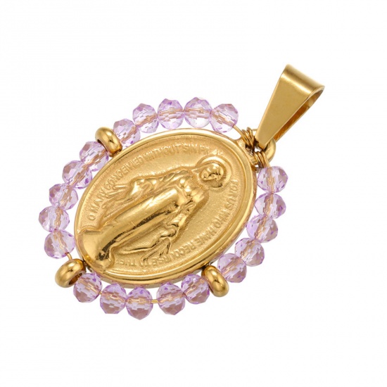 Immagine di Acciaio Inossidabile + Vetro Religione Ciondoli Ovale Oro Placcato Colore Viola Vergine Maria 38mm x 24mm, 1 Pz