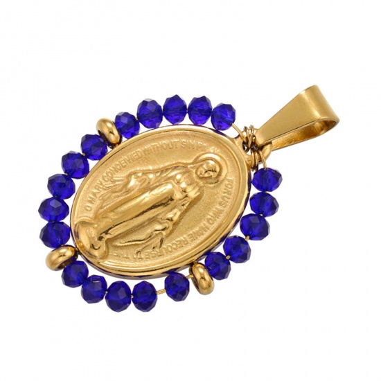 Immagine di Acciaio Inossidabile + Vetro Religione Ciondoli Ovale Oro Placcato Blu Scuro Vergine Maria 38mm x 24mm, 1 Pz