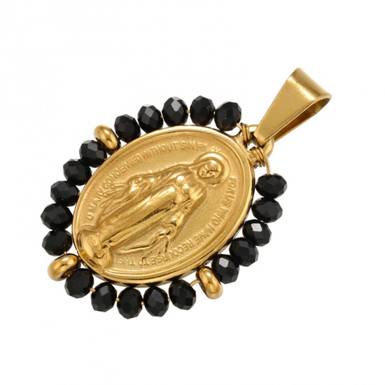 Immagine di Acciaio Inossidabile + Vetro Religione Ciondoli Ovale Oro Placcato Nero Vergine Maria 38mm x 24mm, 1 Pz